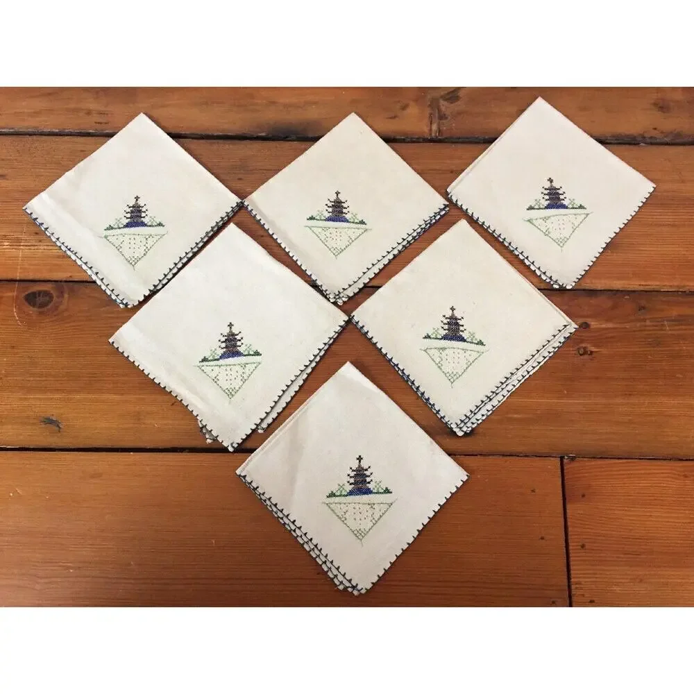 Set 6 Vintage Linen Dutch Windmill Hand Sewn Cross Stitch Square Cloth Napkins
